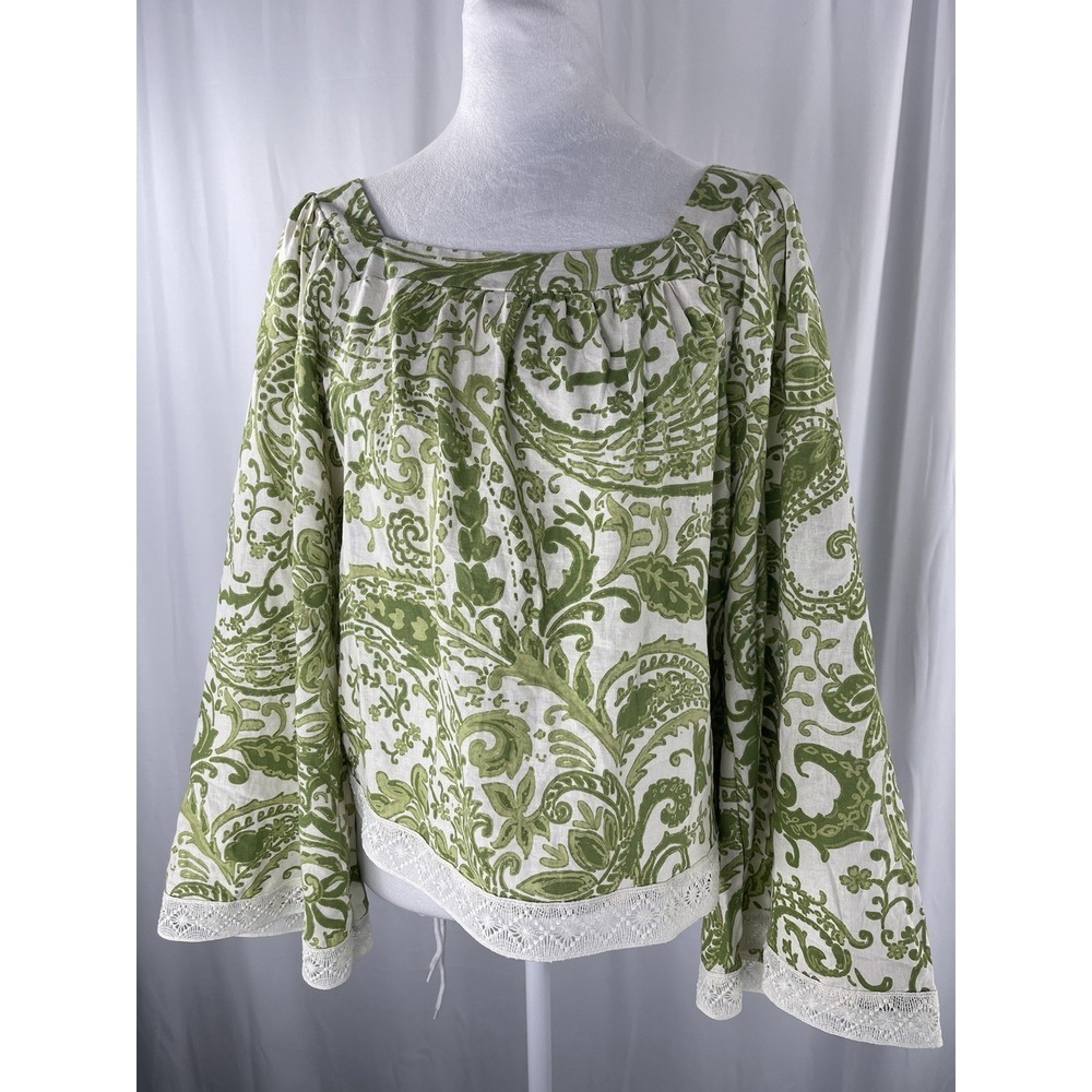Nicole Miller Women's Lace Trim Linen Blend Bell Sleeve Paisley Print Top Medium